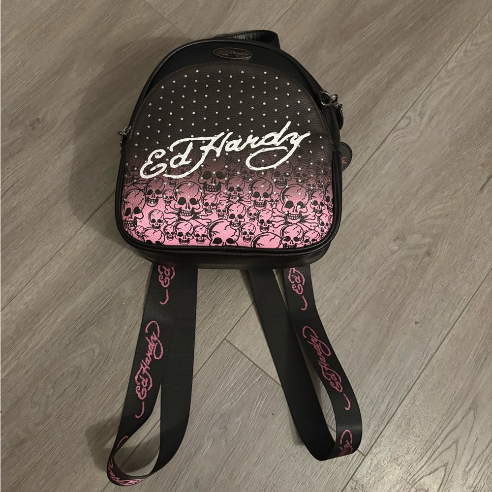 Ed Hardy Pink and Black Skulls Women's Backpack